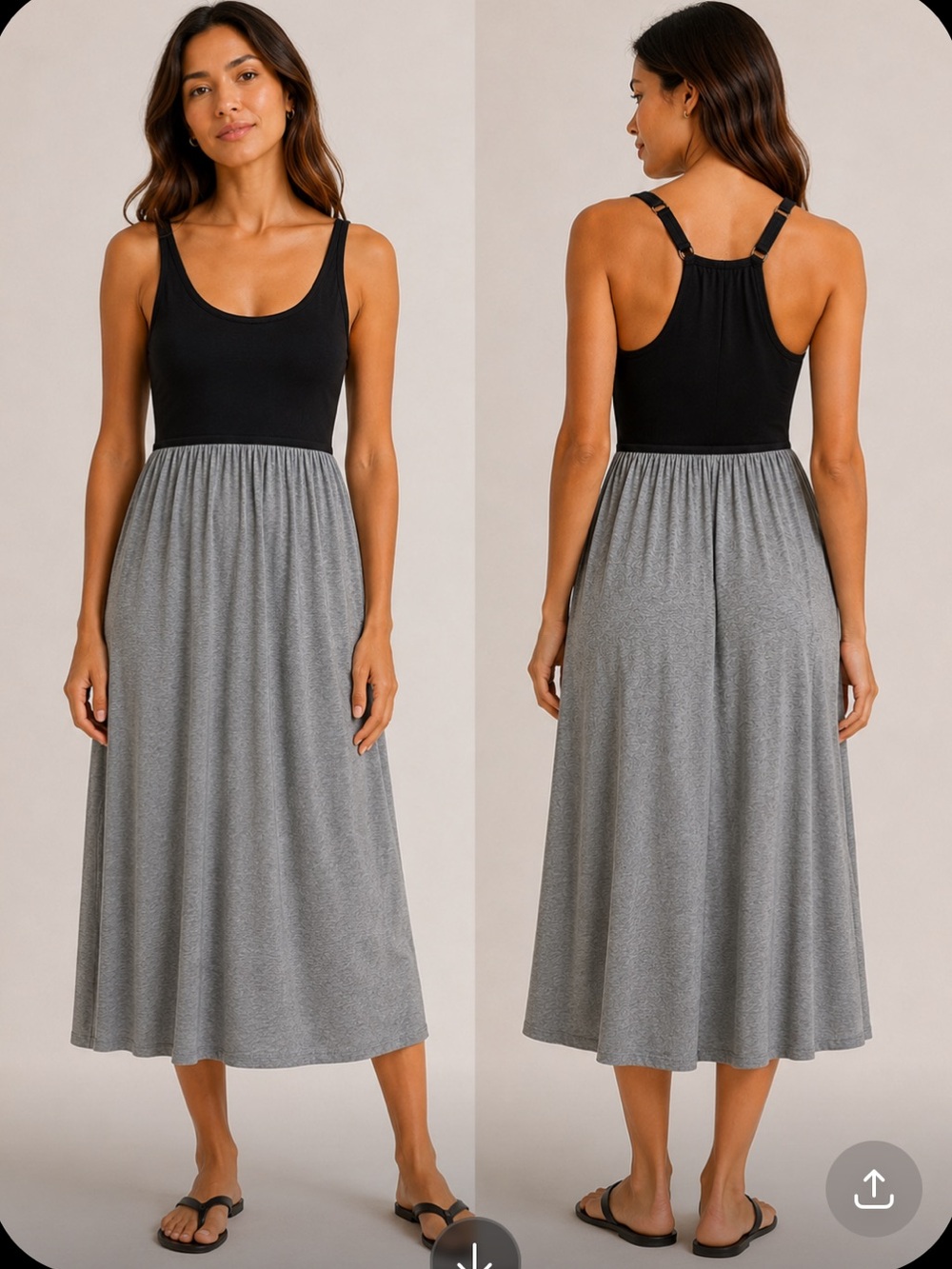 Black & Gray Midi Dress w/Fitted Top & Flowy Knit Skirt, Adjustable Straps Sz S